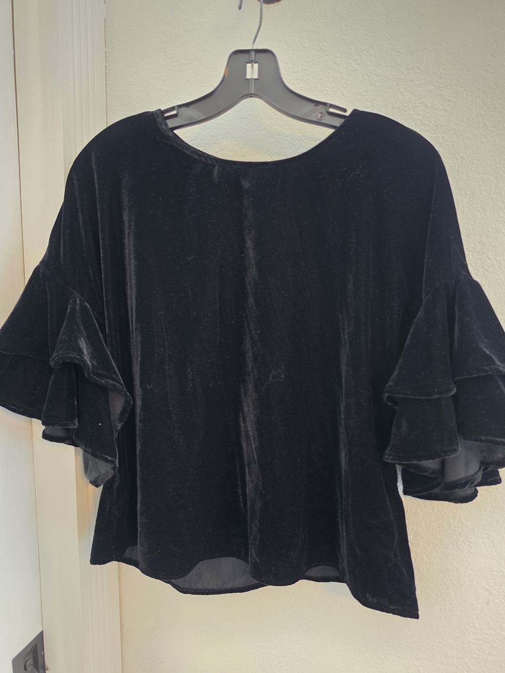 Amaryllis Black Velvet Ruffle-Sleeve Blouse